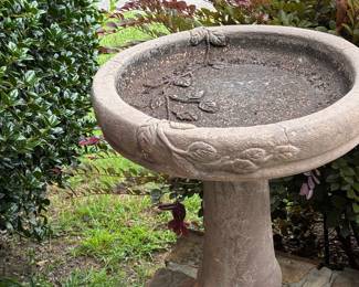 Cast Concrete Garden Birdbath with Leaf Motif
