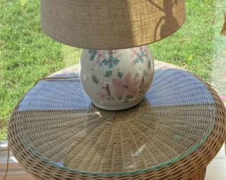 Vintage Floral Ceramic Lamp with Wicker Accent Table