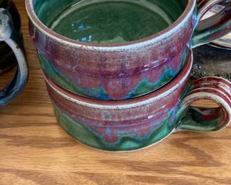 Studio Pottery Soup Mugs, Set of Two, Red and Green Glaze