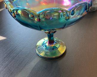 Indiana Glass Garland Blue Iridescent Carnival Glass Pedestal Compote Bowl