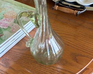 Vintage Hand-Blown Green Glass Cruet with Applied Handle