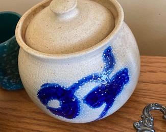Rowe Pottery Works Salt Glazed Lidded Jar with Cobalt Decoration