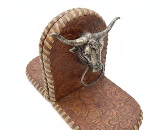 Vintage Tooled Leather and Cast Metal Steer Head Bookend