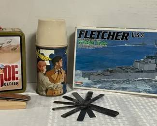 Vintage G.I Joe Metal Lunchbox, Secret Agent Thermos, Fletcher Model Boat, Antique Measuring Stick