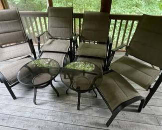Set of Four Patio Chairs w Ottomans, Two Matching Side Tables