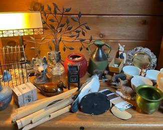 Cast Iron Postbox Coin Bank, Faux Slag Glass Desk Lamp, Wooden Bluejay Wind Chime, More