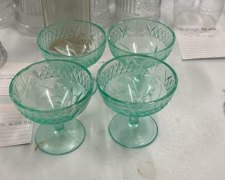 Vintage Uranium Green Footed Sherbert/Champagne Dish.  Floral and Diamond Band Pattern.  Glows under black light.