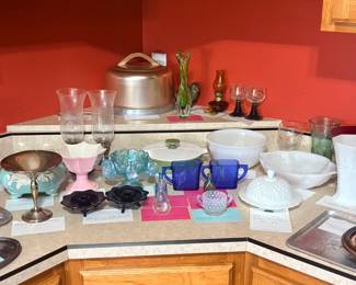 Sample of Various items available including milk glass pieces