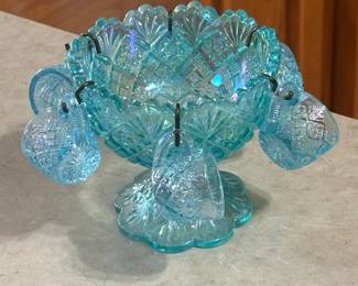 Westmoreland File & Fan Blue Opalescent Miniture Punch Bowl Set