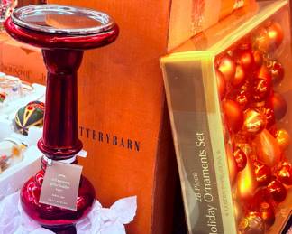 Pottery Barn Red Mercury Pillar Holders (2) & Holiday Ornament Set