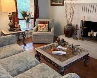 Metal base glass & stone top coffee table