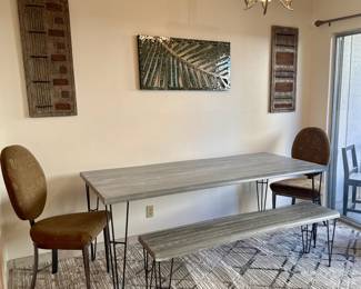 Gray Dining Table w bench, two chairs & 8X10 Area Rug