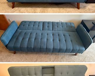 MCM style blue velvet sofa bed