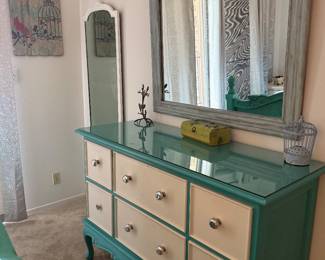 Solid Vintage Wood Dresser hand painted with antique glass knobs and a glass top