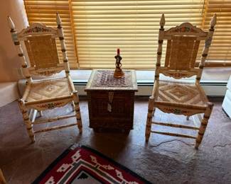 Zanzibar carved chest and 2 painted rush chairs