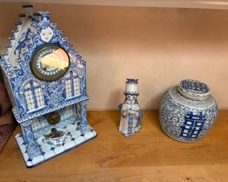 Antique French delft clock, Bjorn Wiinblad figurine and Chinese ginger jar