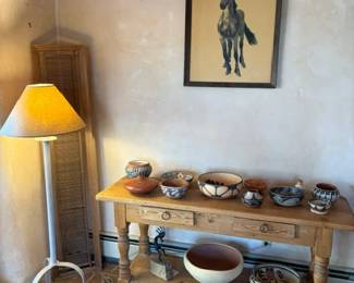 Rustic console and Native American pottery