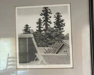 Tanaka Ryohei (Japanese 1933 - 2019) 'Temple in Nara' etching, 94/100