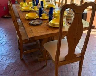 Southwest style rustic trestle dining room table, 39" x 79" and 6 side chairs