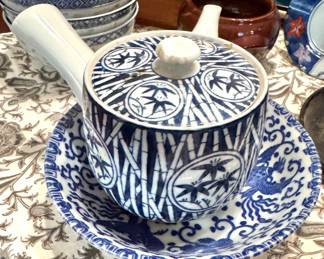 Japanese Blue & White Porcelain Kyusu Side-Handle Teapot with Bamboo & Geometric Medallion Design, Matching Lid & Decorative Blue Willow-Style Plate