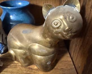 Brass Cat Figurine with Whimsical Oversized Eyes and Sculptural Design