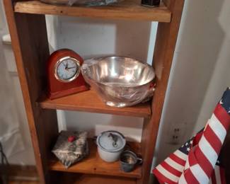 Wooden Open Bookshelf with Silverplate Serving Bowls, Decorative Trays, Gravy Boat, Mantel Clock, Stoneware Pottery & Assorted Collectibles