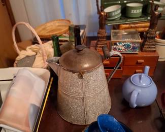 Rustic Metal Coffee Pot with Lid & Wooden Handle, Blue Speckled Enamelware Cups & Bowls, Ceramic Teapot, Dutch Enamel Kitchen Canister Set & Assorted Collectibles