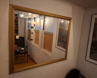 Large Rectangular Gold-Tone Framed Wall Mirror with Stepped Molding & Classic Decorative Border, Traditional Hollywood Regency Style Wall Decor