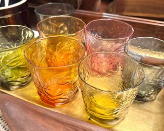 Mid-Century Modern Multicolored Textured Art Glass Drinking Tumblers in Amber, Olive Green, Pink & Smoke Gray