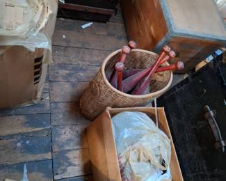 Assorted Wooden Storage Trunks, Metal-Banded Shipping Chest, Woven Wicker Basket & Wooden Indian Clubs