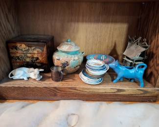 Asian Decorative Collectibles with Japanese Lacquered Jewelry Box, Ornate Lidded Ceramic Ginger Jar, Porcelain Animal Figurines, Miniature Blue & White China Dishes, Pewter Mug & Metal Sailing Ship Sculpture