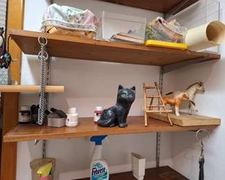 Decorative Black Cat Figurine, Horse Figurines, Miniature Wooden Ladder, Wicker Baskets & Assorted Collectibles