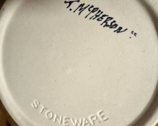 Signed T. McPherson Studio Stoneware Pottery Serving Bowl with Blue, Cream & Brown Drip Glaze, 6-Inch Diameter