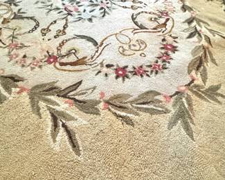 Traditional Aubusson-Style Floral Area Rug with Ivory Field, Pink Rose Medallion & Ornate Scrollwork Border
