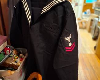U.S. Navy Black Enlisted Sailor Dress Uniform Jumper with White Striped Sailor Collar, Embroidered Eagle Rating Insignia & Red Service Chevrons