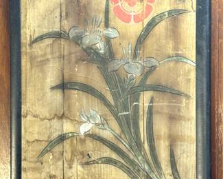 Framed Asian-Inspired Botanical Floral Wall Art with Red Poppy, White Irises and Distressed Wood Panel Background