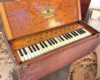 Bilhorn Brothers World-Famous Folding Organ Style K Portable Pump Organ with Original Wood Case and Decorative Globe & Medal Decal
