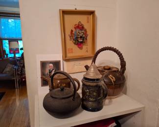Asian-Inspired Estate Collectibles, Japanese Cast Iron Tetsubin Teapot, Oriental Stoneware Tea Pots, Ornate German-Style Beer Stein, Decorative Pottery, Framed Asian Ceremonial Mask Wall Art & International Cultural Décor