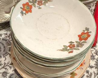 Hand-Painted Floral Ceramic Bowls with Orange Poppy Design, Green Trim