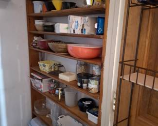 Wooden Kitchen Pantry Storage Shelving, Assorted Ceramic Mixing Bowls, Stoneware Bakeware, Casserole Dishes, Glassware, Food Storage Containers, Kitchen Utensils and Household Accessories