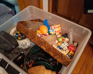 Assorted Vintage Dice, Game Pieces, Marbles, Small Toys & Collectibles in Decorative Wooden Inlaid Tray