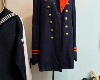 U.S. Military Navy-Style Double-Breasted Dress Uniform Coat with Gold Buttons, Red Collar Accents and Striped Cuffs
