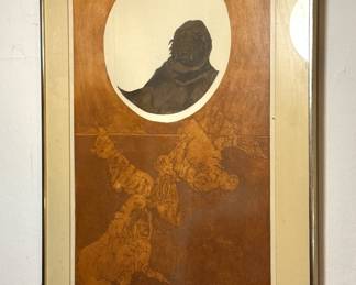 Signed and Numbered Surrealist Figural Etching with Sepia-Toned Abstract Composition, Oval Portrait & Silver-Tone Frame