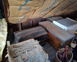 Assorted Wood Storage Trunks & Chests, Metal-Banded Wooden Shipping Crate and Domed-Top Steamer Trunk