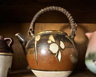 Asian Studio Pottery Stoneware Teapot with Brown Drip Glaze, Cream Floral Motif & Woven Bamboo Handle