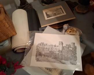 Warwick Castle England Architectural Landscape Art Prints, Detailed Black & White Castle Illustrations with Medieval Towers