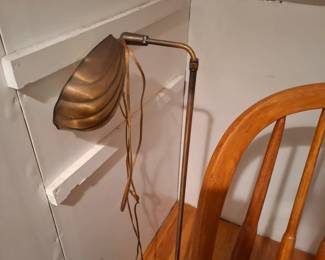 Vintage Brass Pharmacy-Style Adjustable Floor Reading Lamp with Shell-Shaped Metal Shade & Round Base