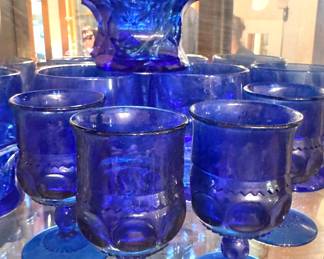 Cobalt Blue Pressed Glass Footed Wine Goblets with Thumbprint Pattern and Matching Tumblers, Glassware Collection