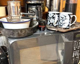 Sharp Countertop Microwave Oven, Mr. Coffee Automatic Drip Coffee Maker, Stainless Steel Stovetop Espresso Maker, Electric Coffee Grinder & Assorted Coffee Mugs