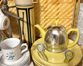 Retro Yellow Ceramic Teapot with Chrome Insulated Cover, Hunting & Fishing Thermos, Floral Stoneware Teacups and Saucers, Decorative Porcelain Spoons & Woven Rattan Trays